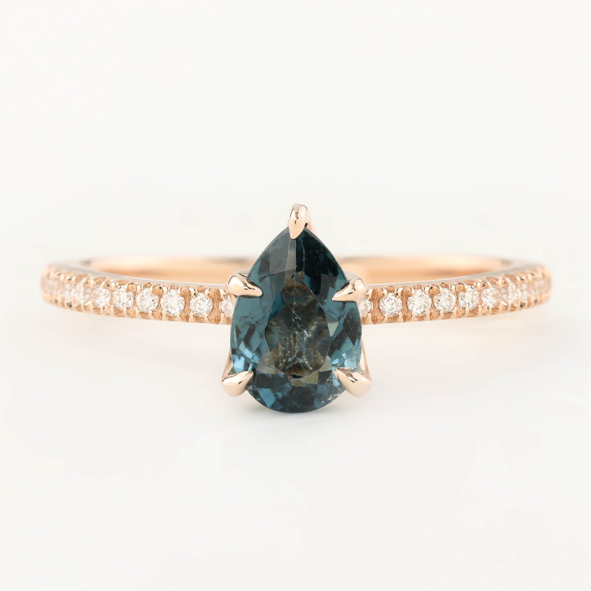 Maria Ring 0.94ct pear cut teal tourmaline sapphire in 14K rose gold with diamonds, handmade and ethically sourced.