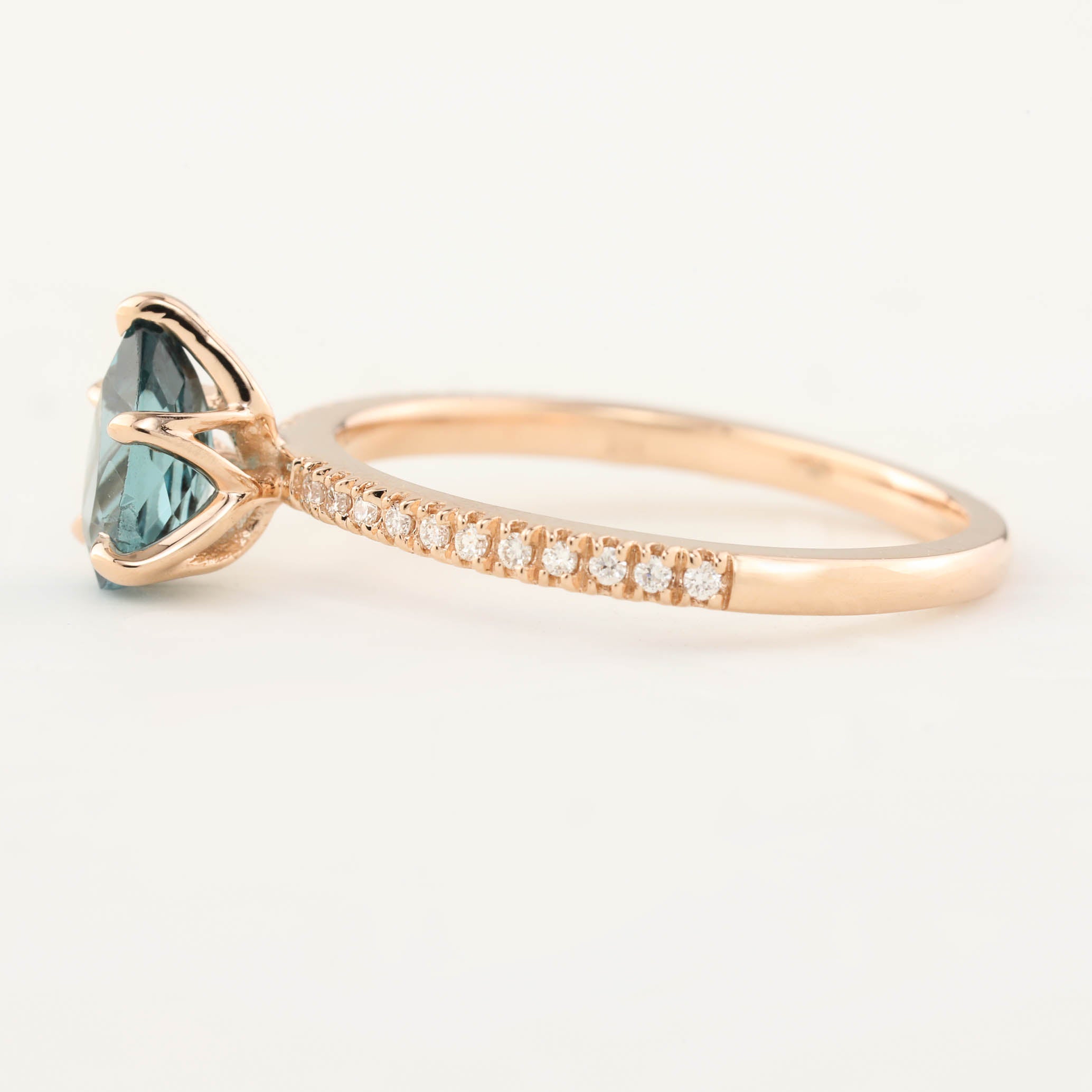 Maria Ring 0.94ct pear cut teal tourmaline with accent diamonds in 14K rose gold, handmade and ethically sourced