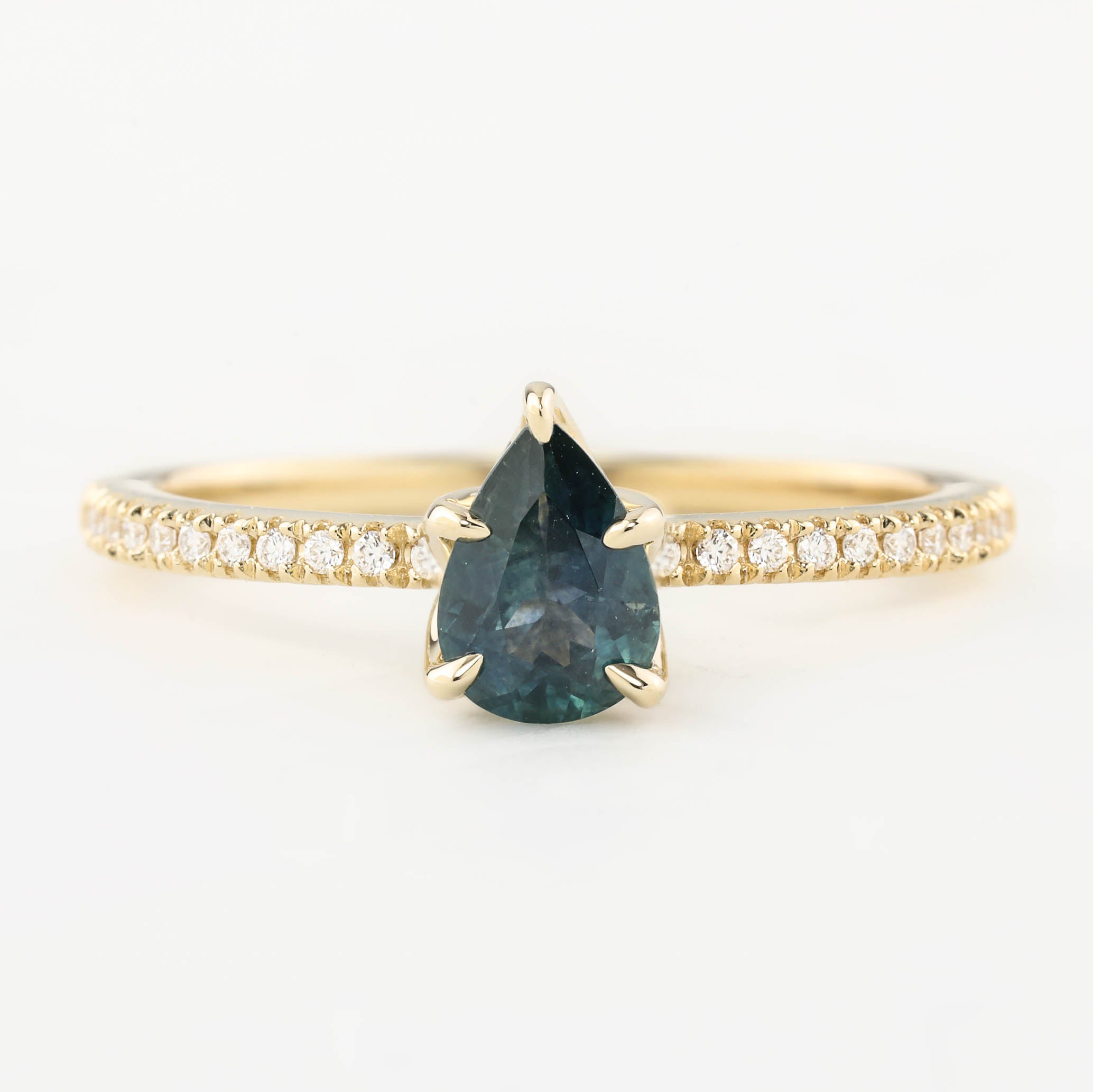 Maria Ring 0.8ct Montana Sapphire with natural diamonds, handmade in recycled 14k yellow gold, ethically sourced gemstones.