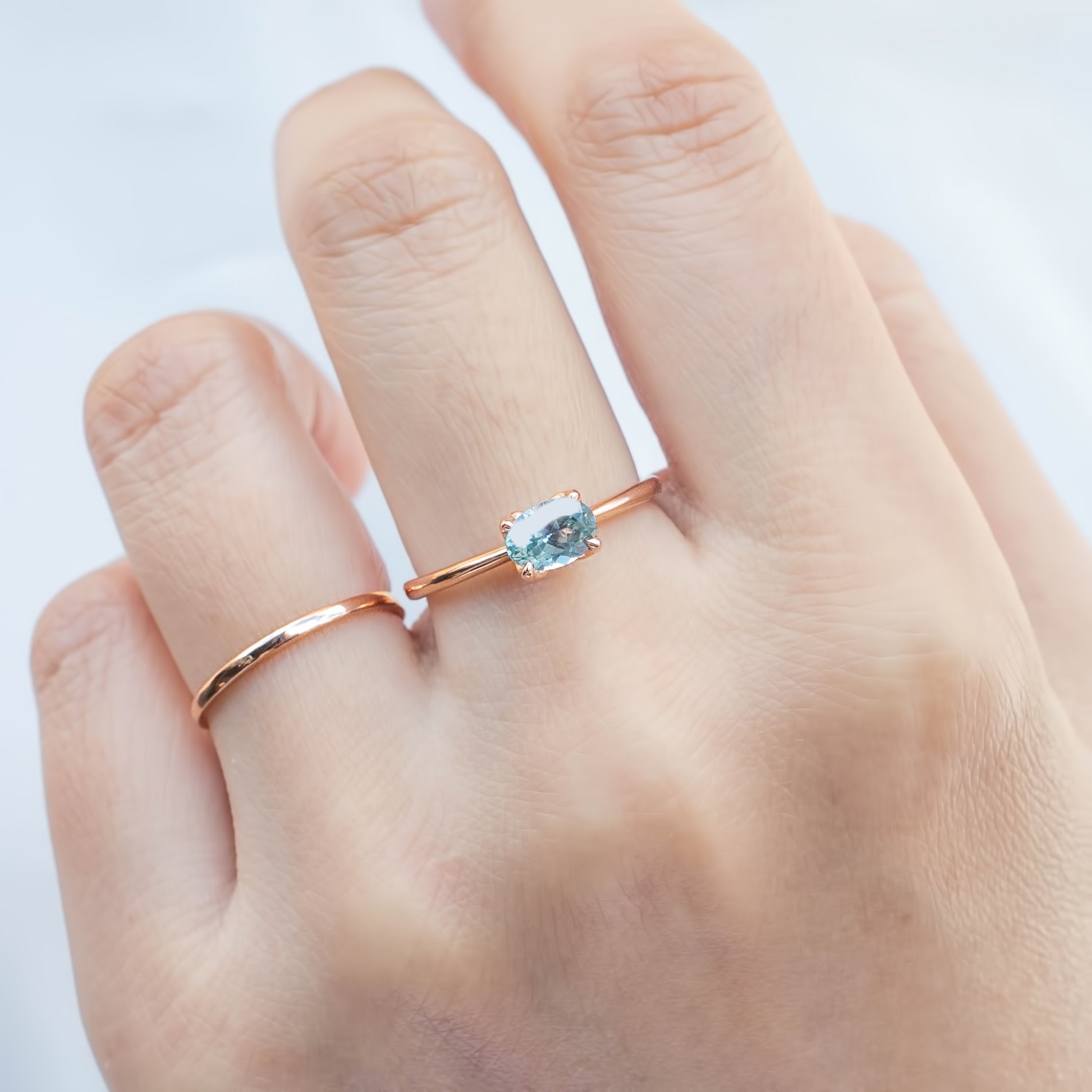 Sara Ring, 0.86ct East West Montana Sapphire, oval shape gemstone