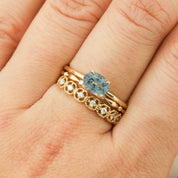 Sara Ring -1.05ct Blue Green Montana Sapphire, handmade in recycled 14k gold with ethically sourced stones on finger