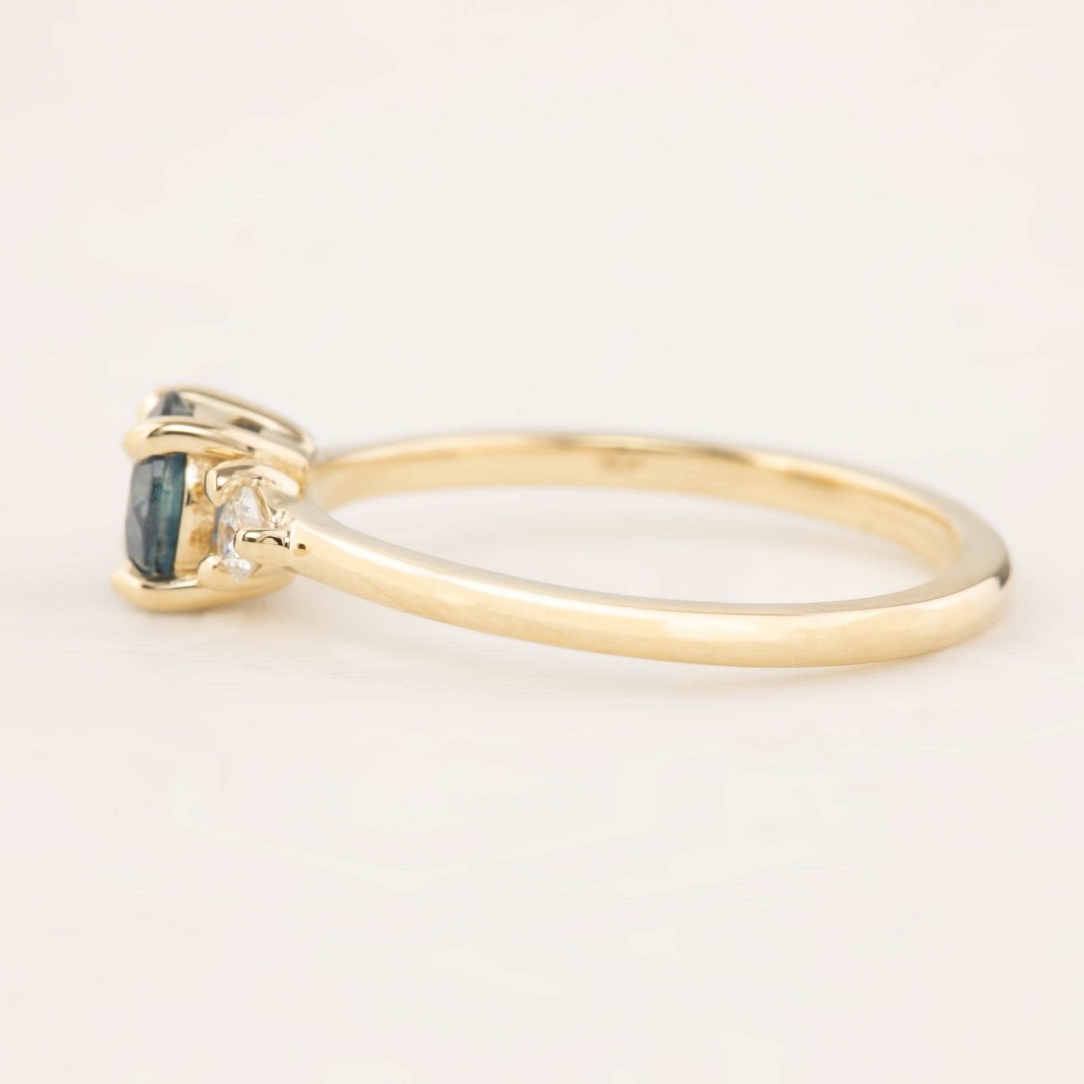 Emilie Ring with 0.71ct blue green Montana sapphire, handmade in recycled 14k gold with accent diamonds, one of a kind