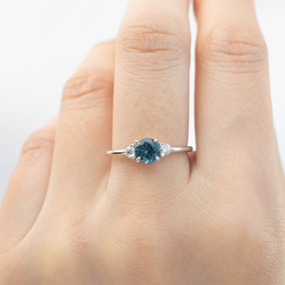 Emilie Ring - 0.85ct Blue Montana Sapphire with accent diamonds, handmade, ethically sourced, one of a kind design on hand.