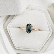 Floryn Ring 1.89ct Unheated Blue Green Oval Queensland Sapphire Ring, 14k Yellow Gold (One of a kind)