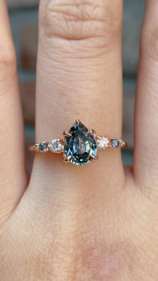 Estel Fleur Ring, 1.13ct Light Blue Green Pear Montana Sapphire, 14K Rose Gold (One of a kind)