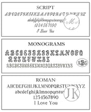 Engraving font styles example showing Script, Monograms, and Roman letters and numbers with sample text and monogram circles