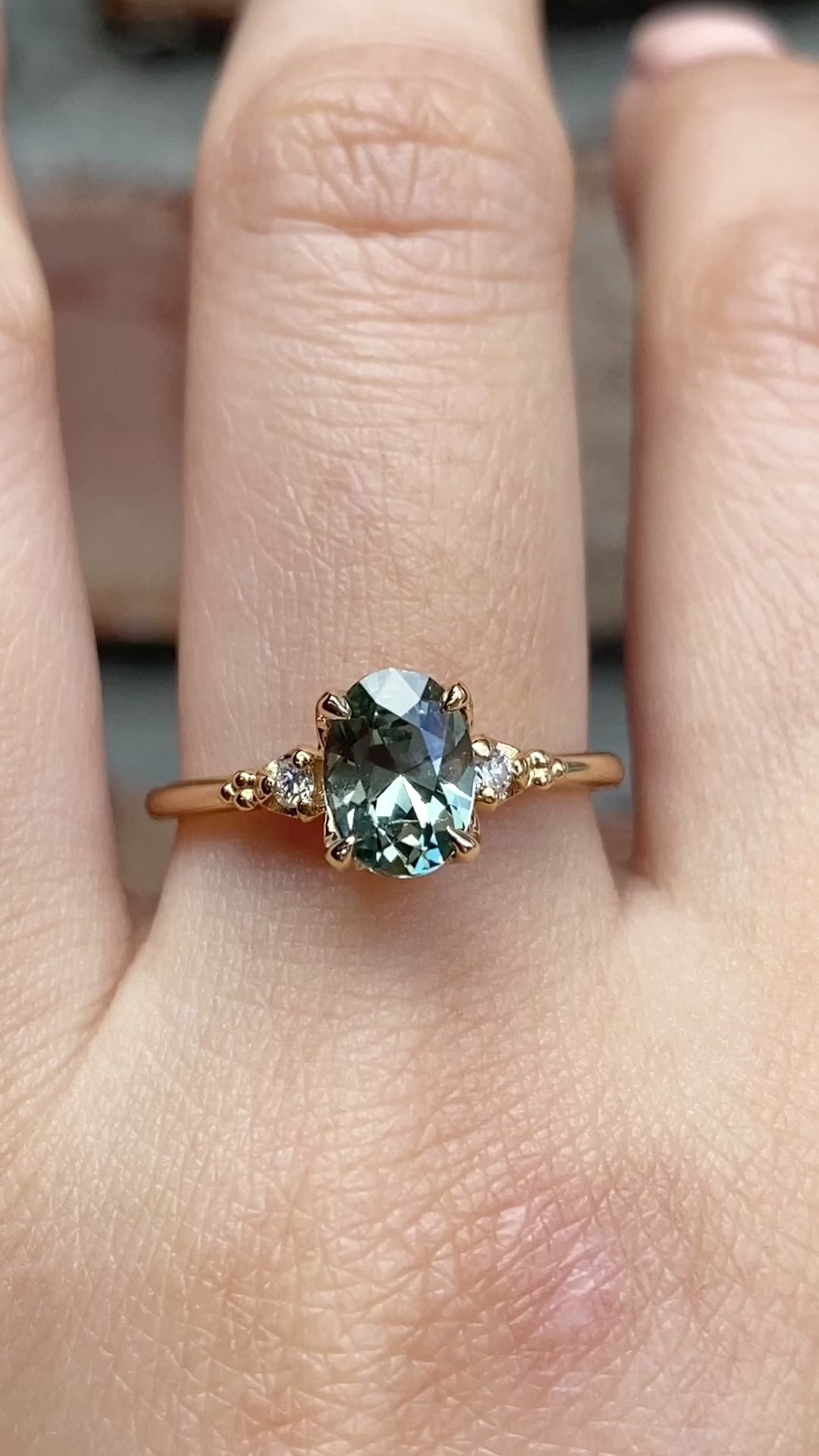 Estel Ring 1.28ct Light Blue Green Oval Montana Sapphire, 14K Yellow Gold (One of a kind)
