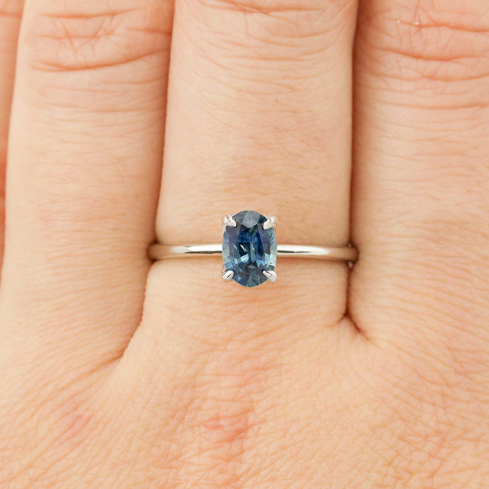Sara Ring with 0.86ct parti blue green Montana sapphire set in recycled 14k white gold, handmade and one of a kind