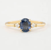 Estel Ring one of a kind 1.05ct blue sapphire with white accent diamonds in recycled 14k yellow gold band