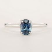 Sara Ring featuring a 0.86ct parti blue green Montana sapphire in recycled 14k white gold, one of a kind design