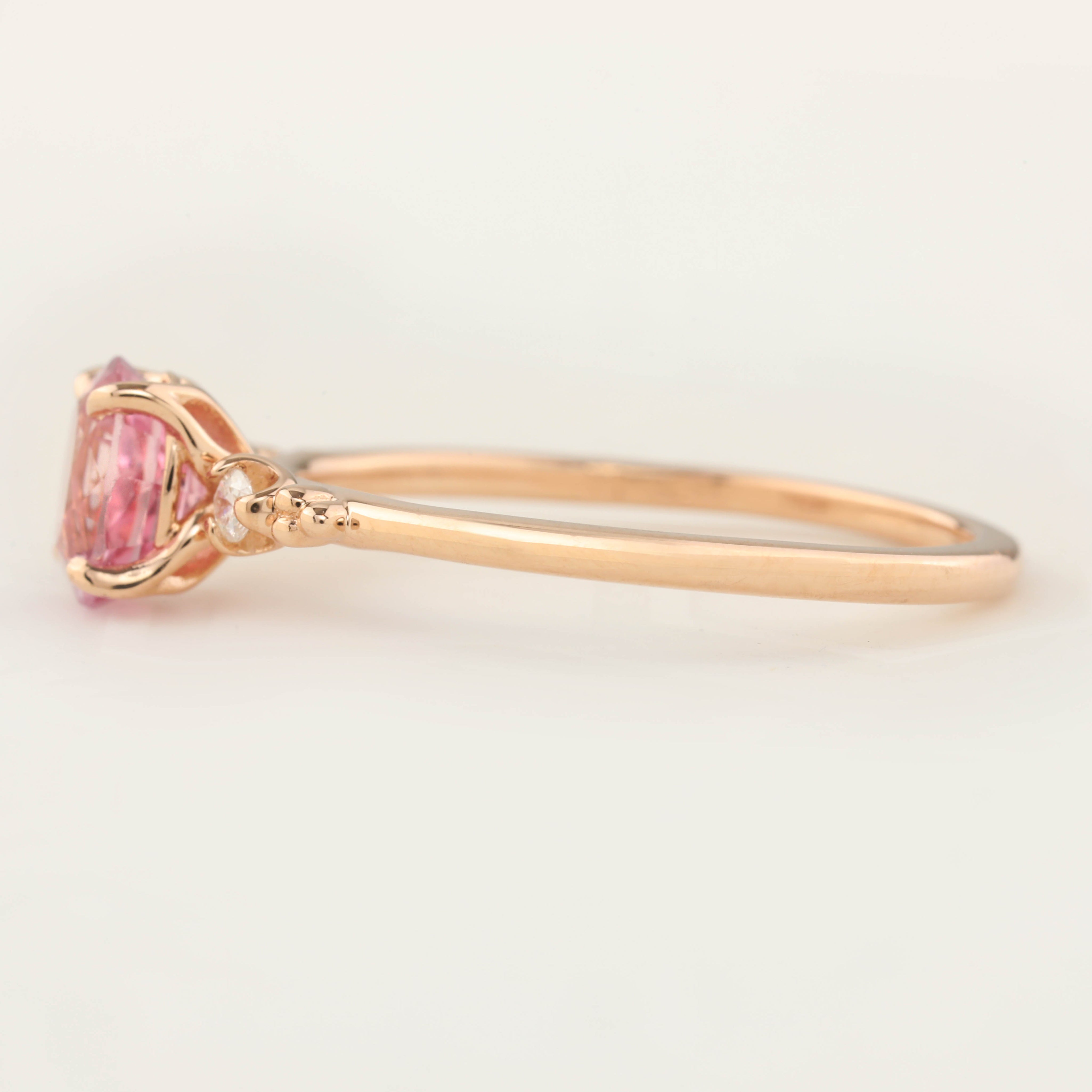 Estel Ring one of a kind 1.12ct pink sapphire set in 14k rose gold with white accent diamonds, handmade and ethically sourced.