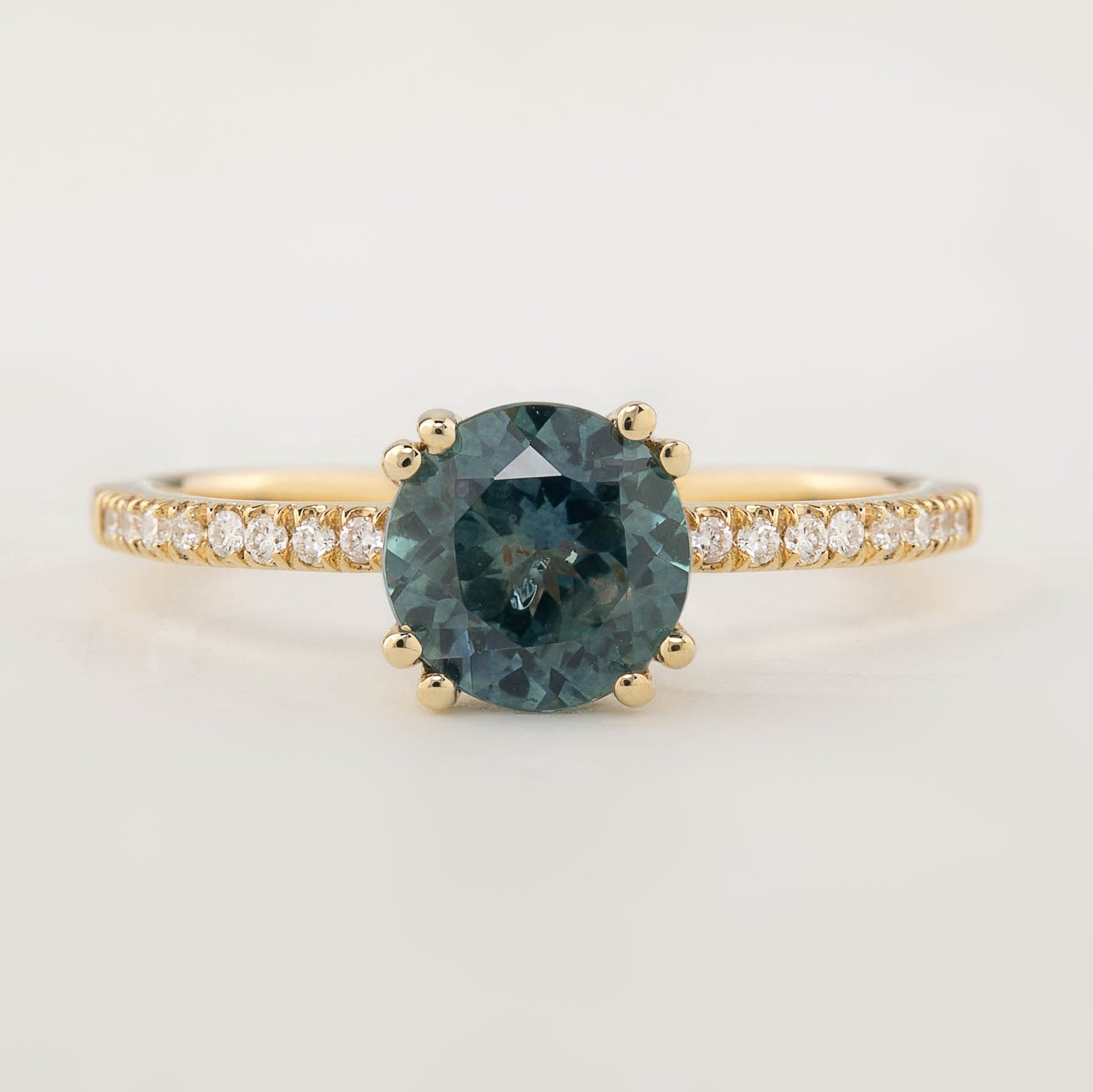 Sabrina Ring with 1.79ct parti teal blue sapphire, white diamonds, 14k yellow gold, handmade and ethically sourced