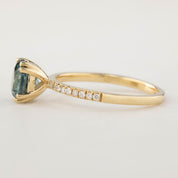 Sabrina Ring with 1.79ct parti teal blue sapphire, white diamonds, and recycled 14k yellow gold band, handmade and one of a kind.