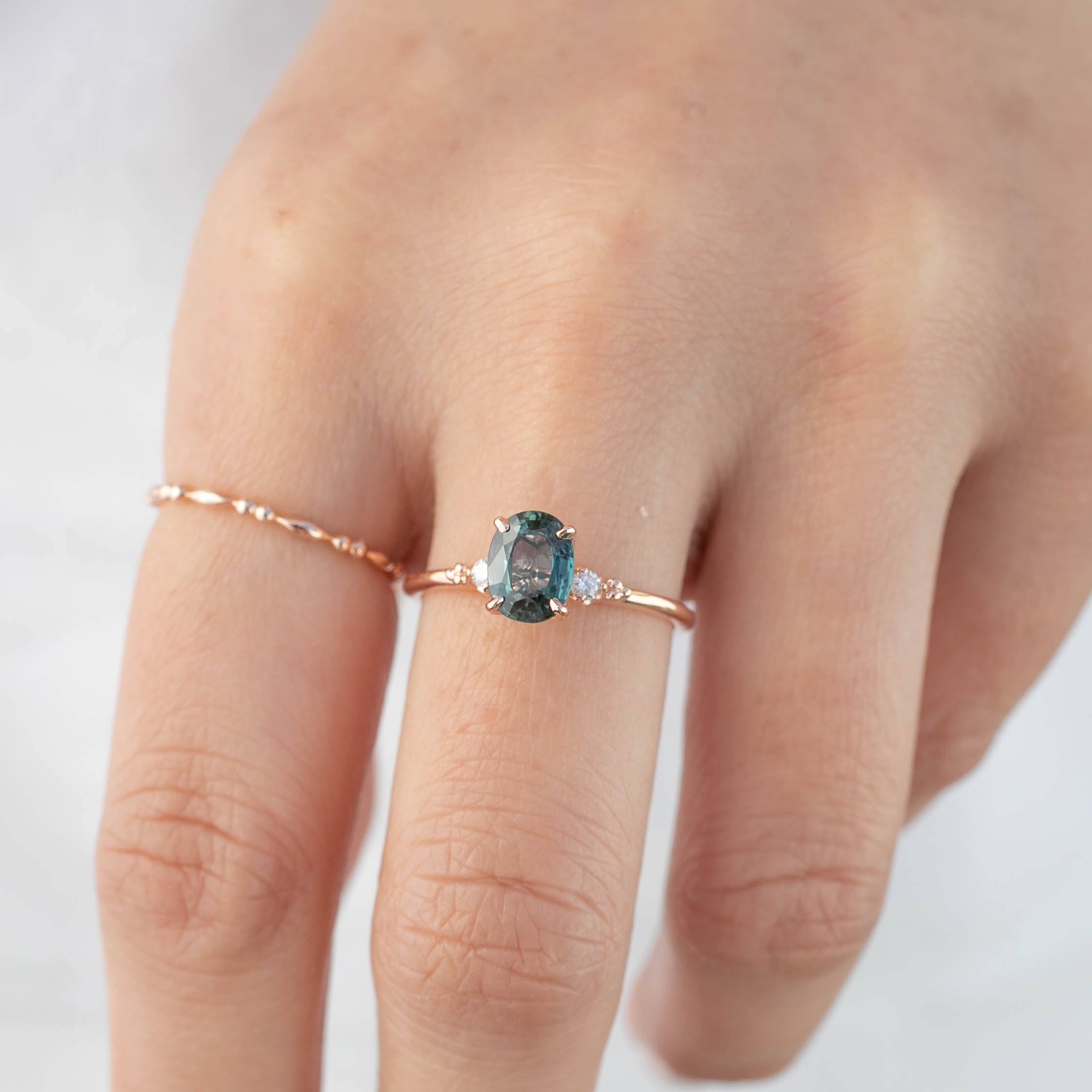 Estel Ring - 1.5ct Peacock Green Blue Sapphire, 14k Rose Gold (One of a kind)