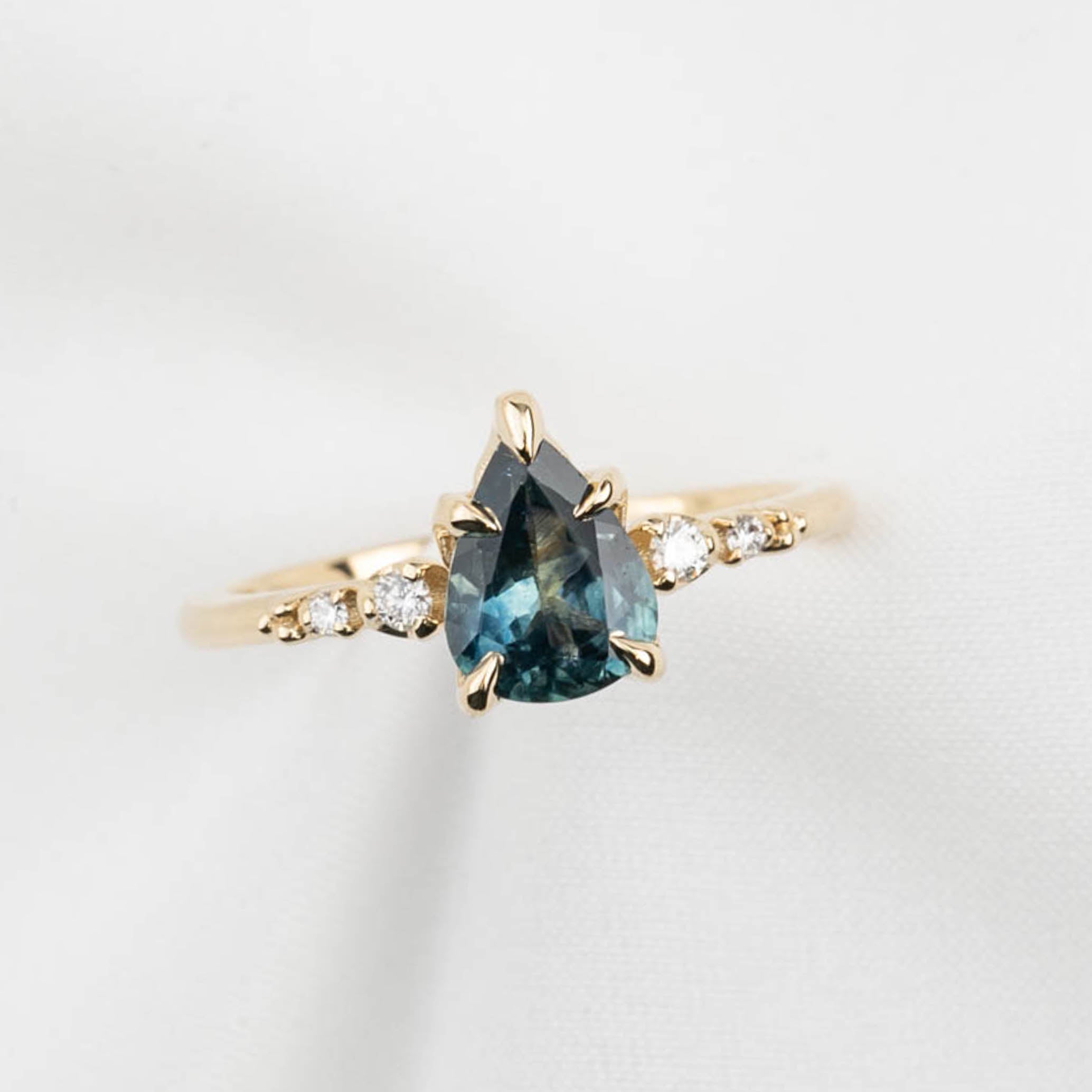 Estel Fleur Ring, 1.26ct Teal Blue Montana Sapphire, 14K Yellow Gold (One of a kind)