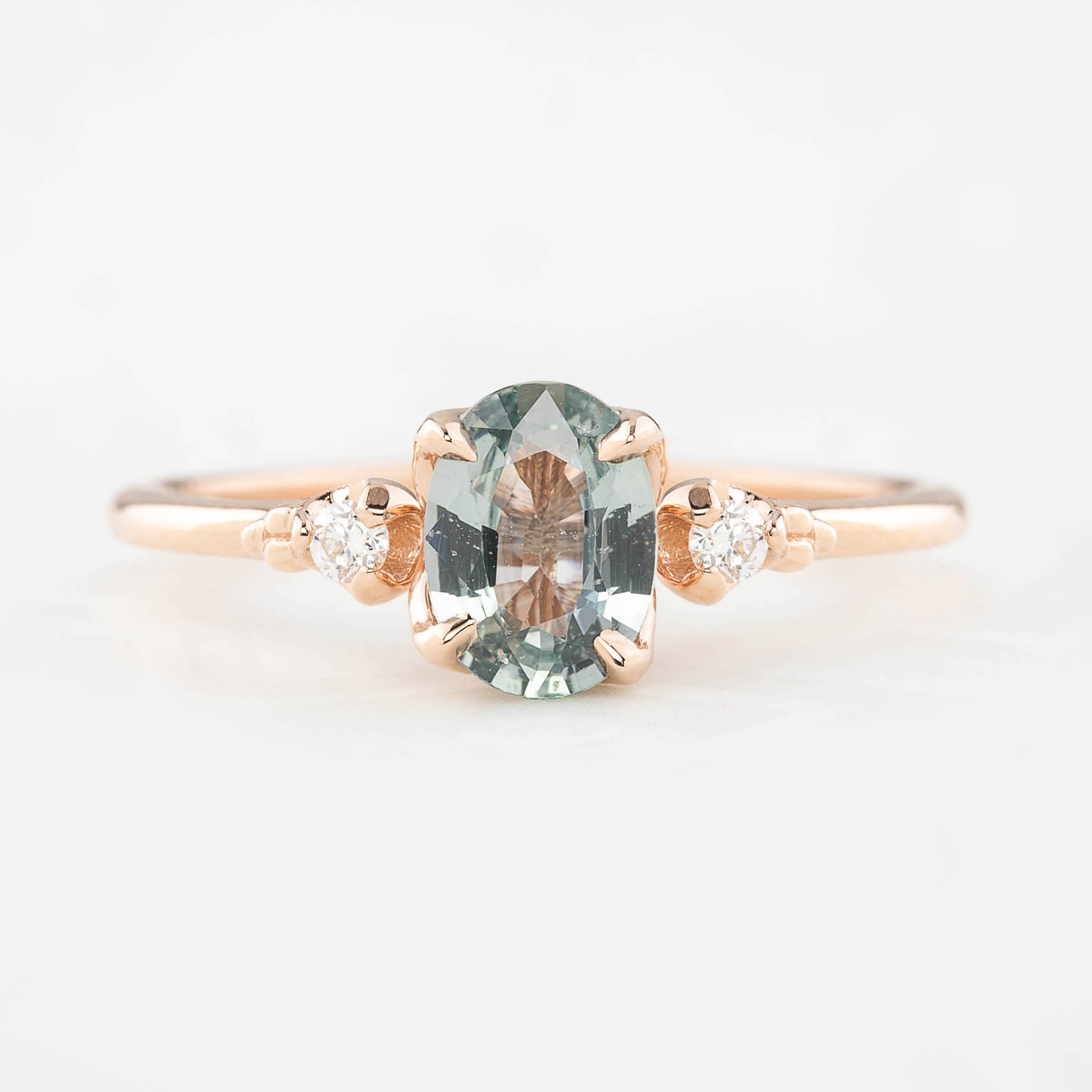 Estel Ring 0.80ct Unheated Light Blue Green Oval Sapphire, 14k Rose Gold (One of a kind)