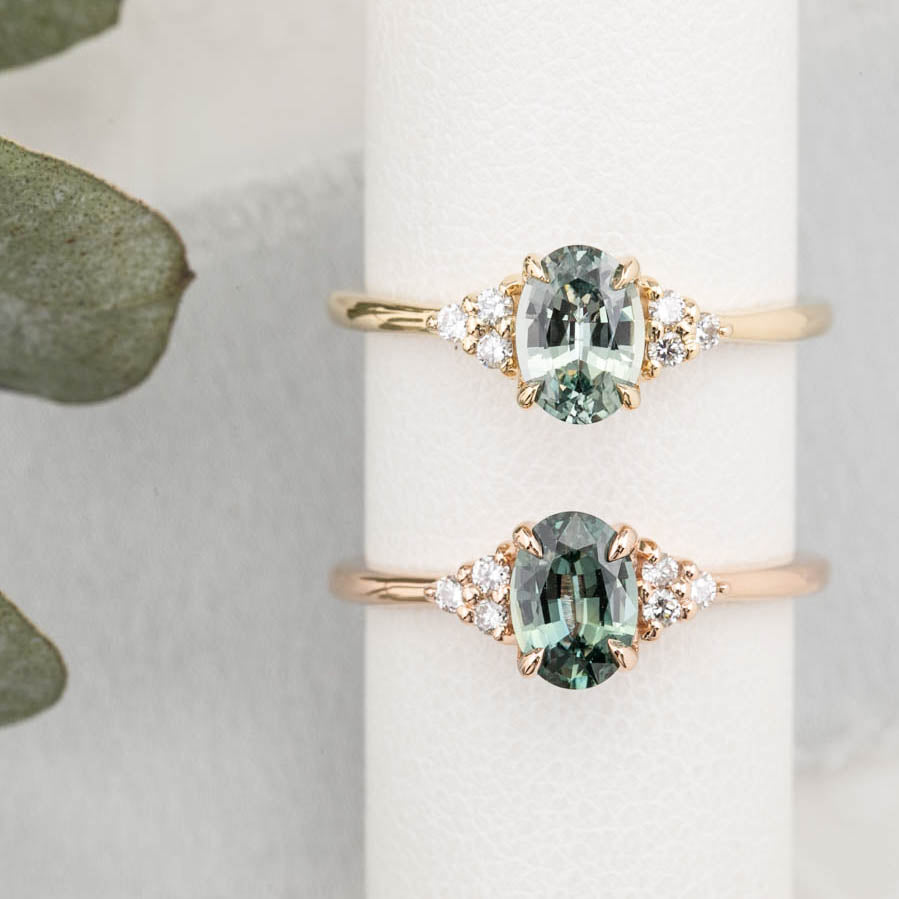 Teresa Ring 0.91ct Light Blue Green Madagascar Sapphire, 14K Yellow Gold (One of a kind)