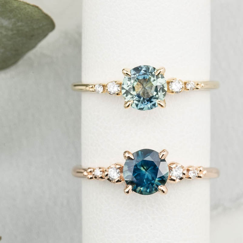 Estel Fleur 4 Prong Ring, 1.07ct Parti Blue Green Montana Sapphire, 14K Yellow Gold (One of a kind)