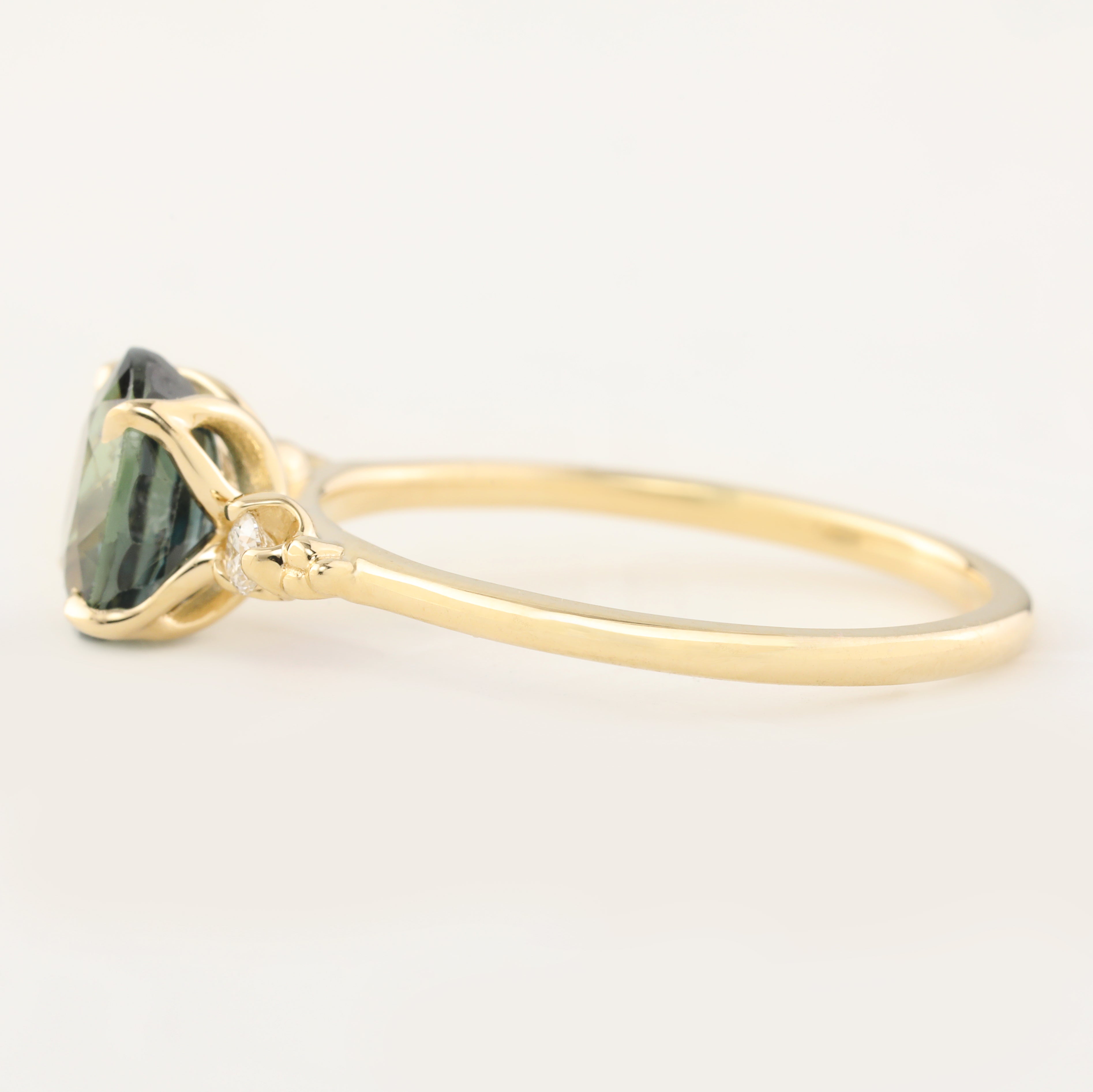 Estel Ring with 1.93ct green sapphire, handmade in recycled 14k gold with ethically sourced diamonds, one of a kind design