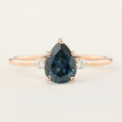 Emilie Ring with 1.53ct pear blue green Montana sapphire and diamonds in 14k rose gold, handmade and one of a kind.