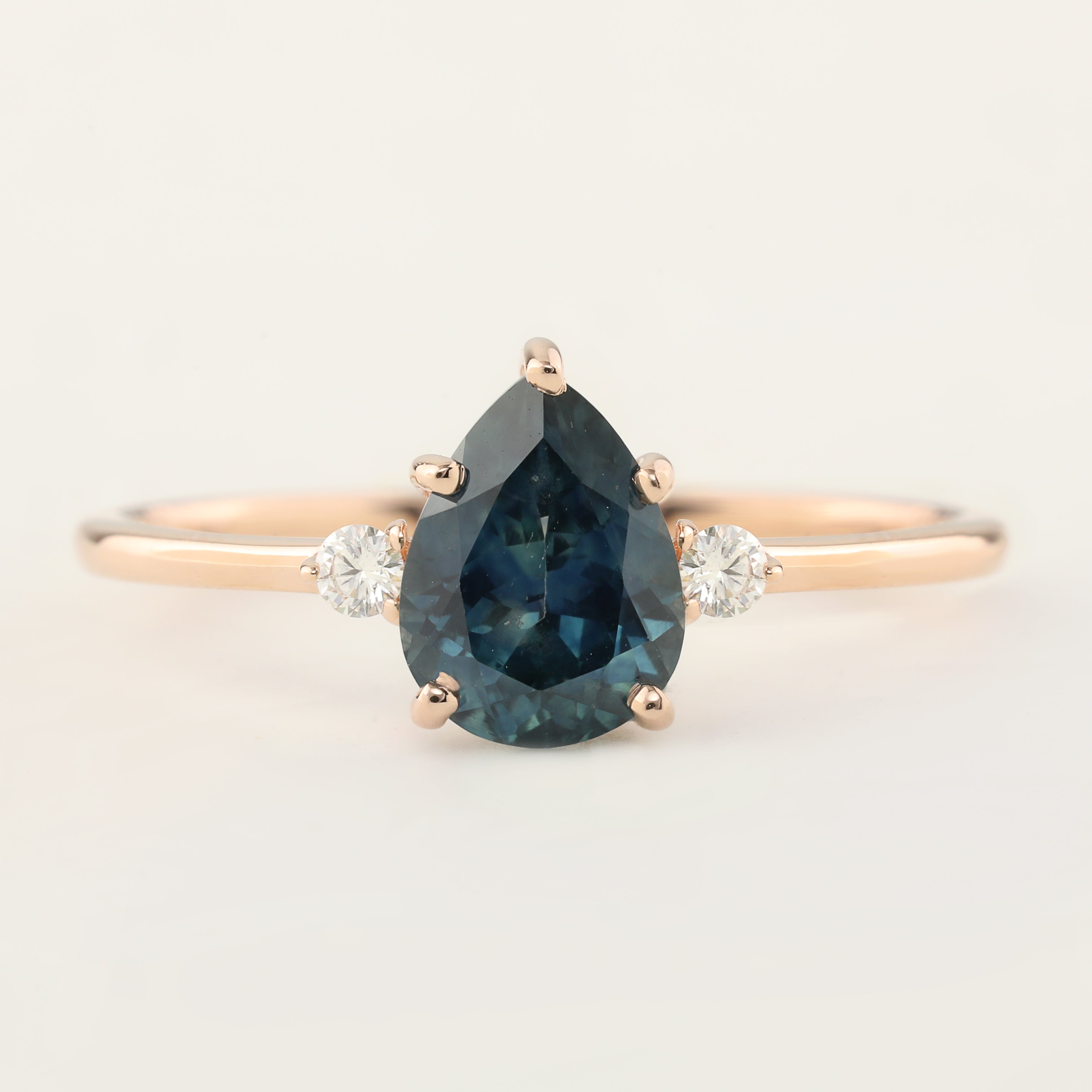 Emilie Ring with 1.53ct pear blue green Montana sapphire and diamonds in 14k rose gold, handmade and one of a kind.