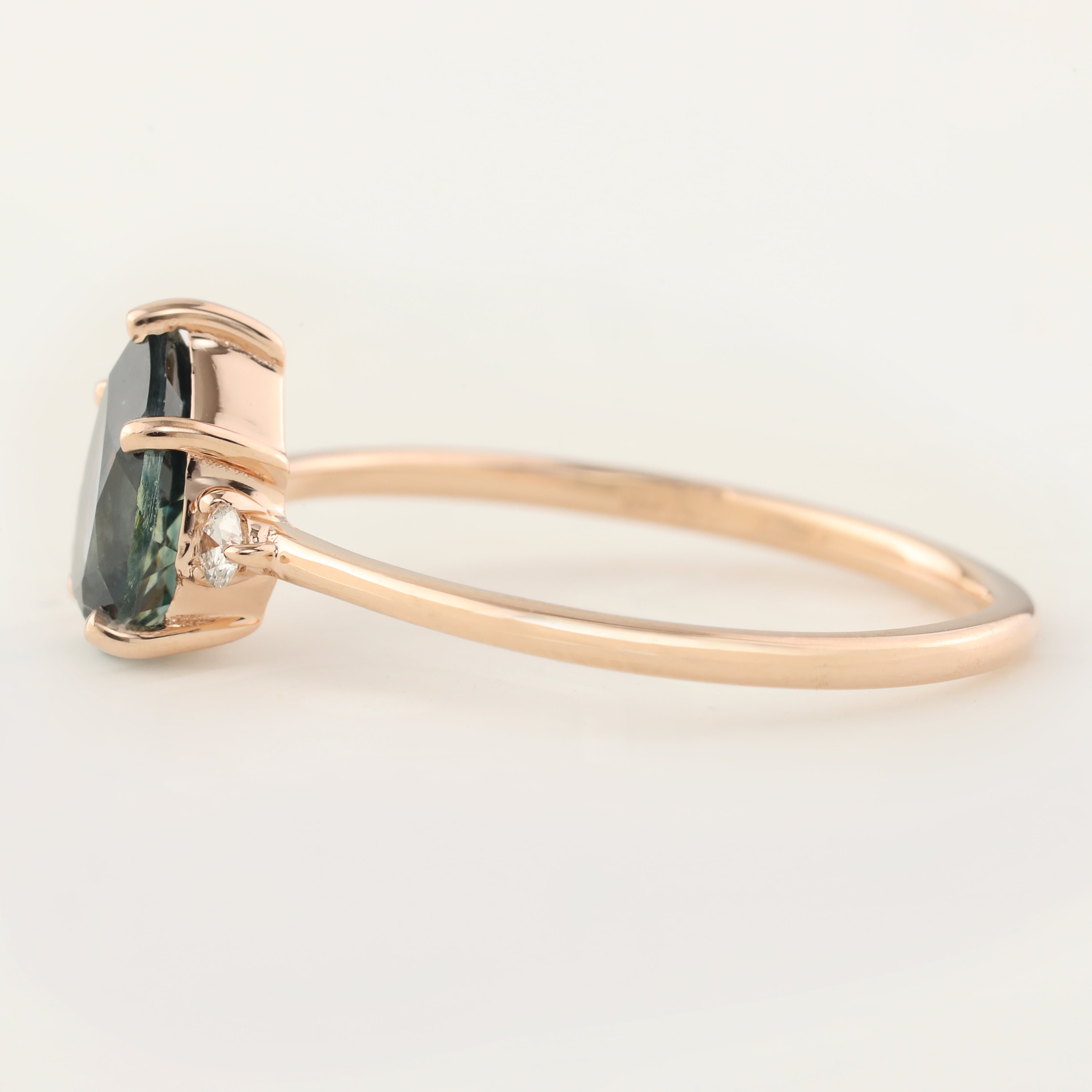 Emilie Ring with 1.53ct pear blue-green Montana sapphire, accented diamonds, 14k rose gold, handmade and one of a kind