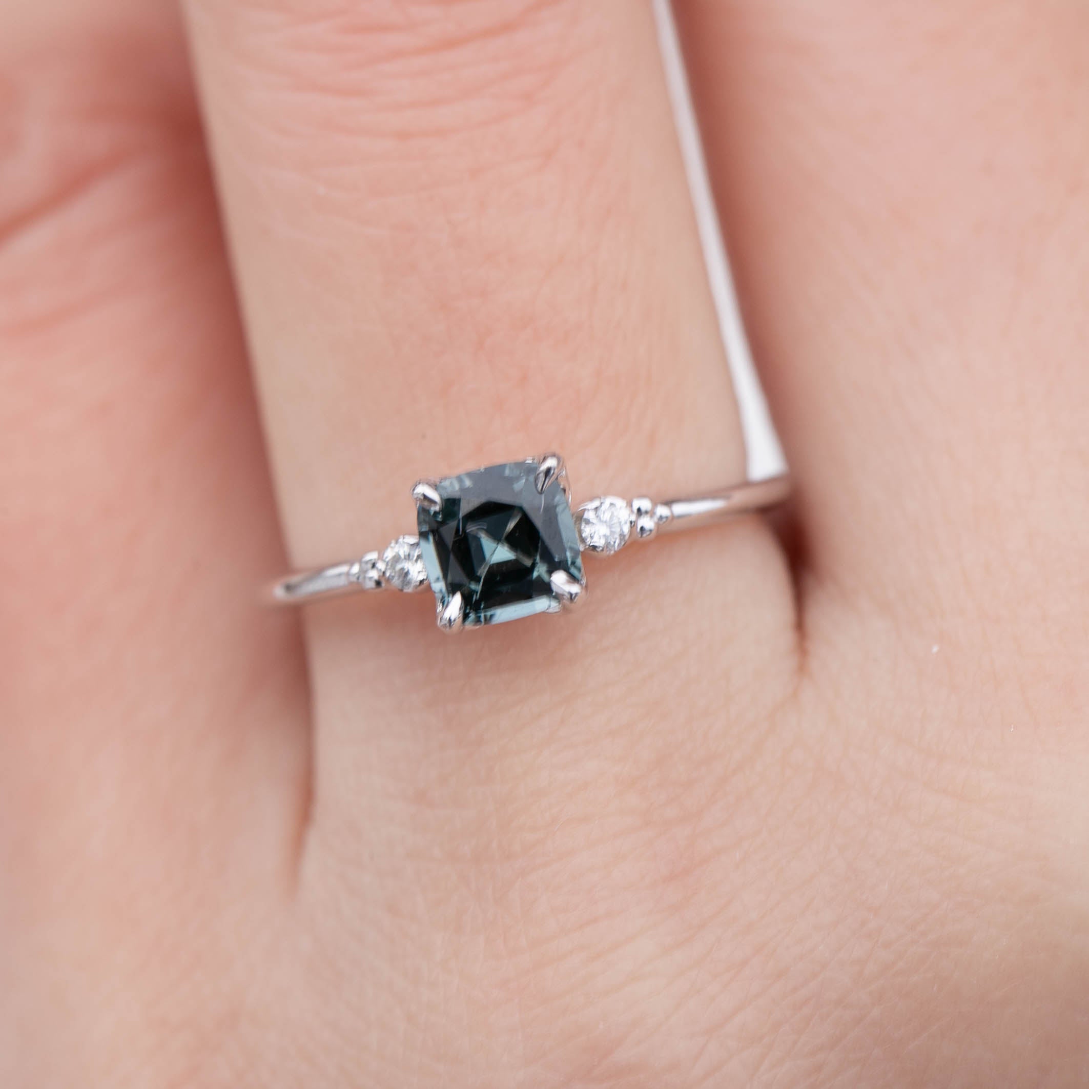 Estel Ring 0.73ct Cushion Cut Grey Blue Spinel, 14k White Gold (One of a kind)