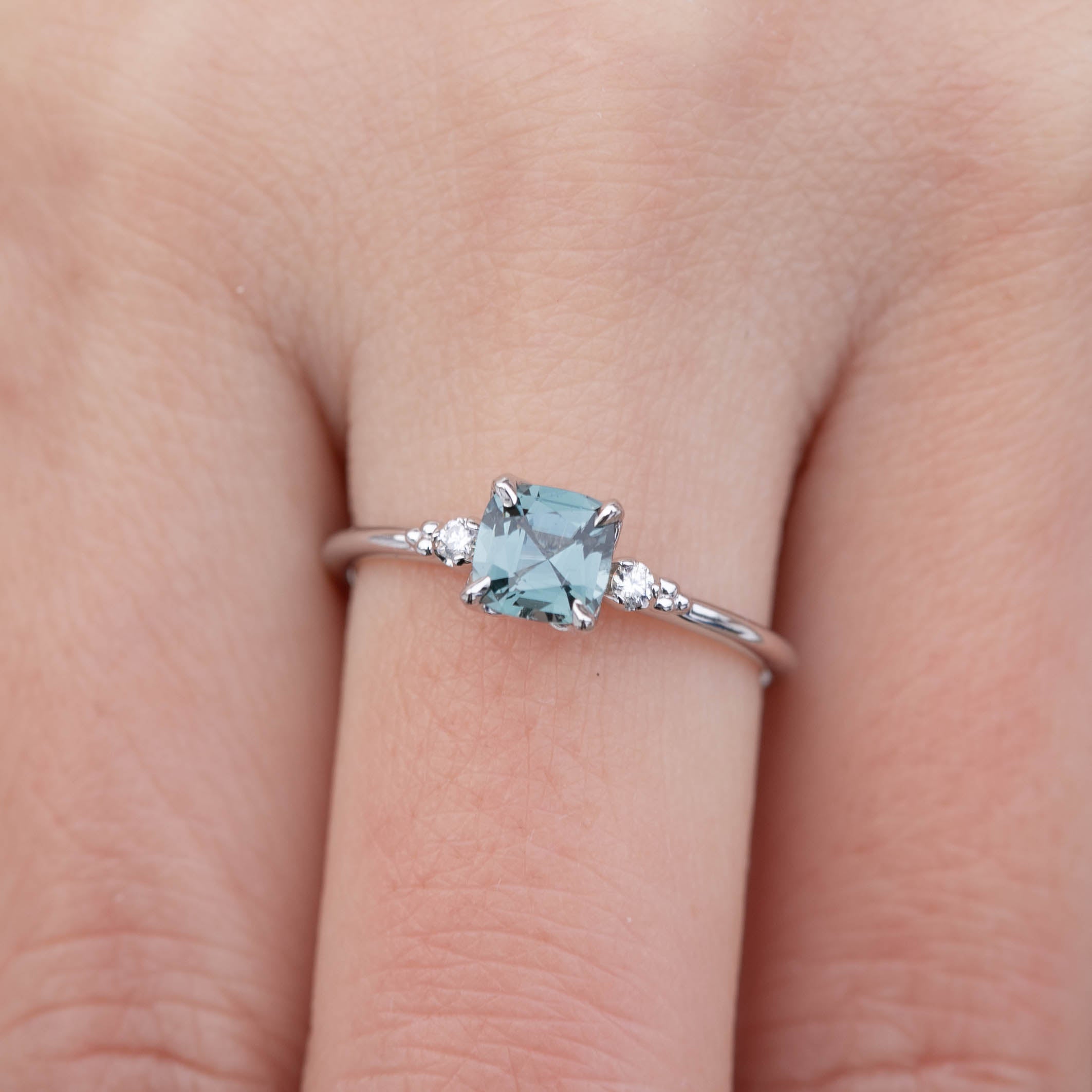 Estel Ring 0.73ct Cushion Cut Grey Blue Spinel, 14k White Gold (One of a kind)