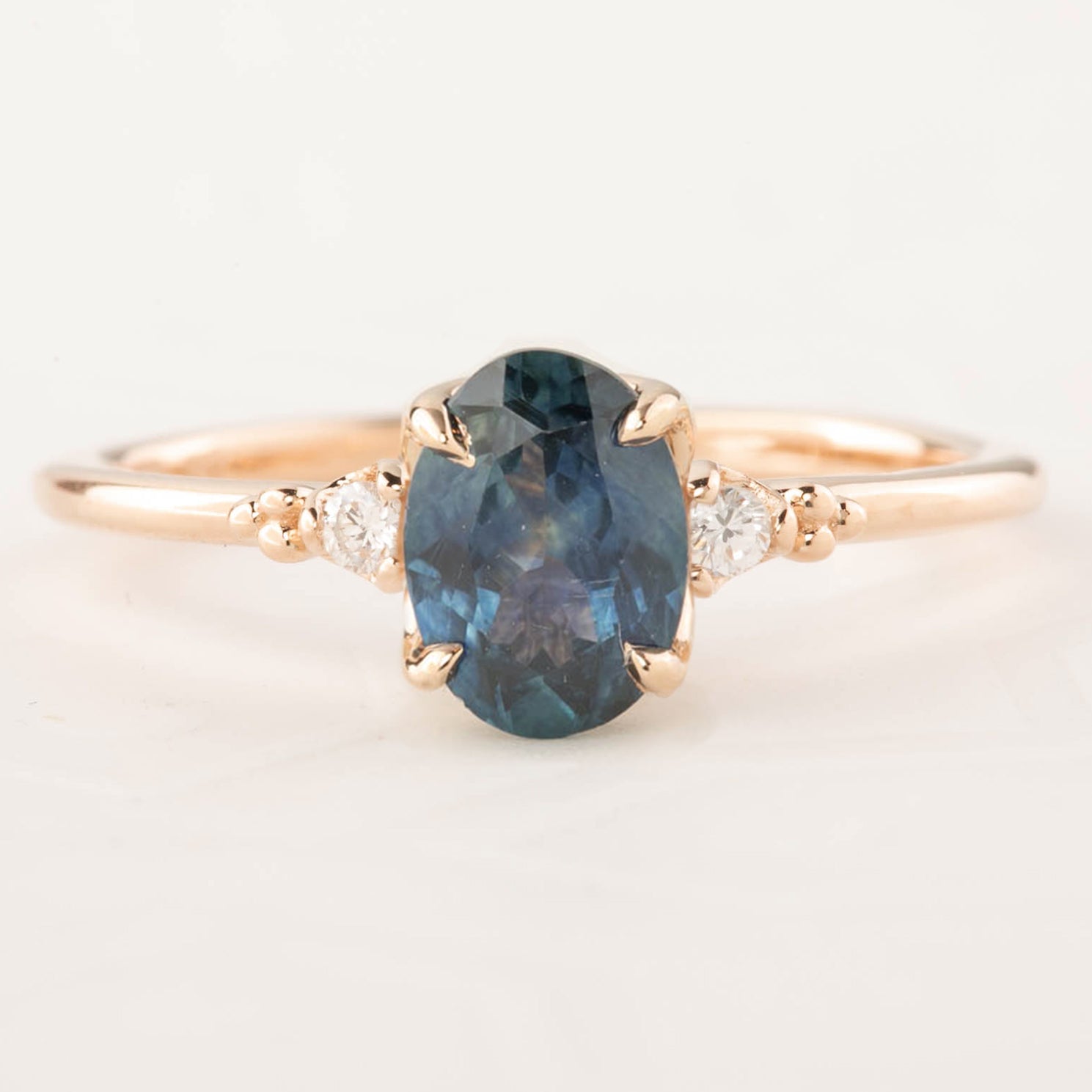 Estel Ring with 1.18ct teal blue Montana sapphire and diamonds set in 14k rose gold, handmade and one of a kind