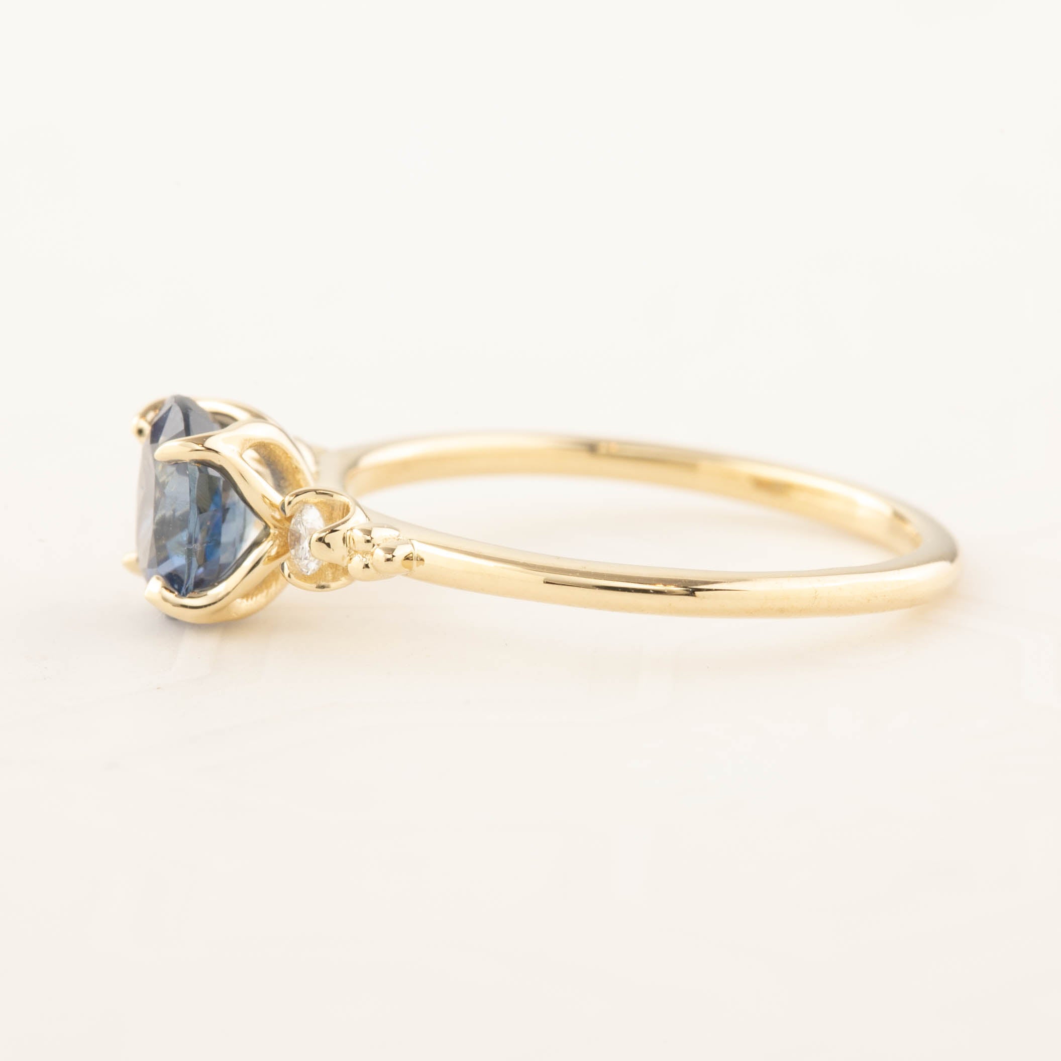 Estel Ring - 1.05ct Blue Sapphire with white diamonds, handmade, ethically sourced, 14k yellow gold band, one of a kind design.
