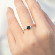 Lena Ring with 0.65ct teal blue Montana sapphire, white diamonds, handmade 14k yellow gold, one of a kind design.