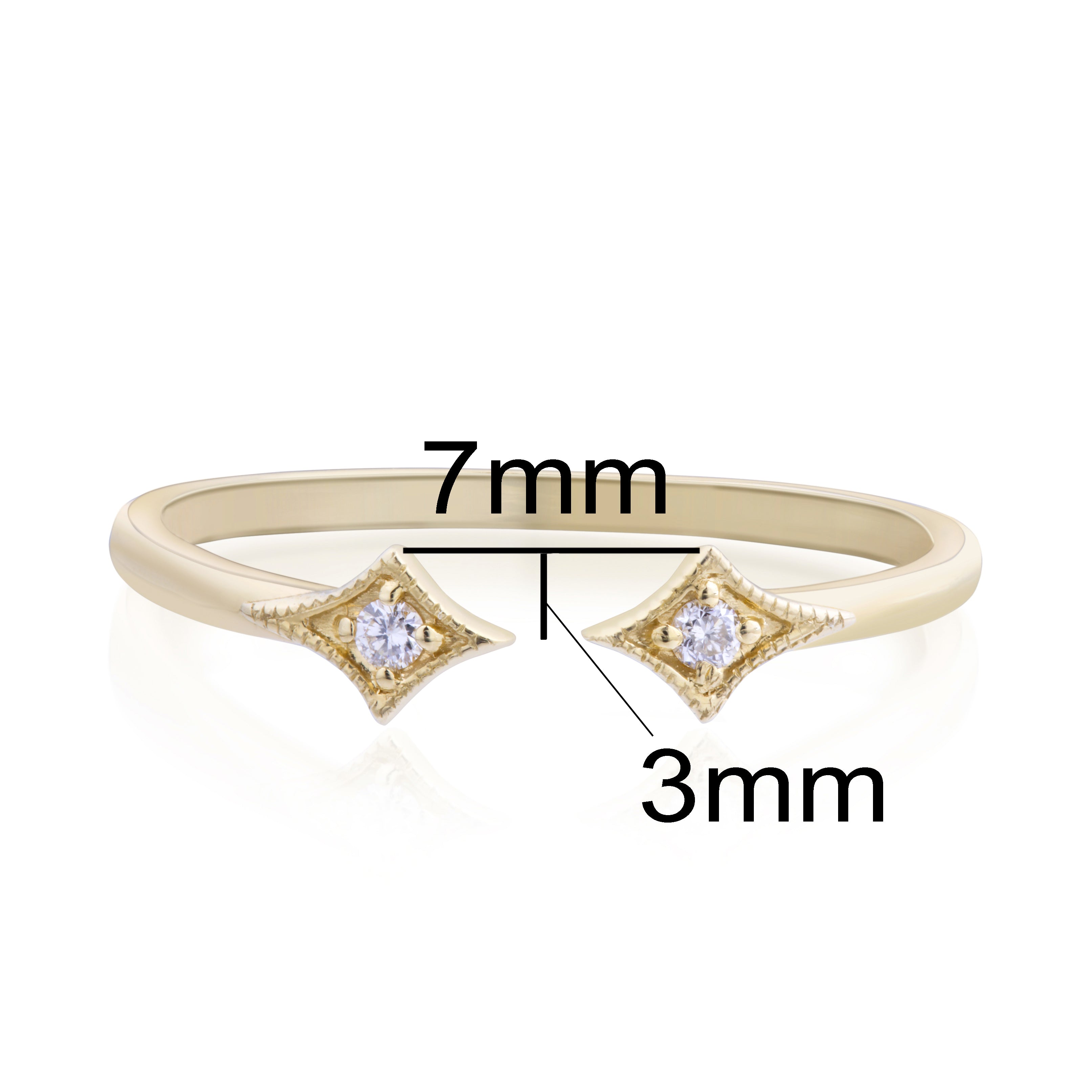 Gold double star diamond open ring with two 0.03ctw brilliant cut white diamonds, 7mm by 3mm star shapes